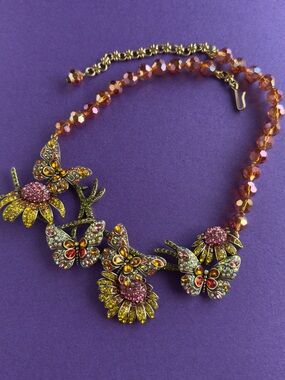 Heidi Daus Floral Butterfly Crystal Statement Necklace in Pink and Yellow